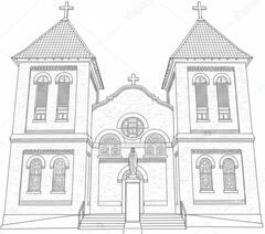 Black line drawing of Basilica de San Albino in old Mesilla, New Mexico.