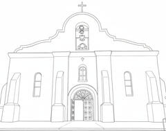 Black line drawing of the Ysleta Mission located in El Paso, Texas