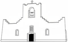 black line drawing of the mission in Socorro, Texas.